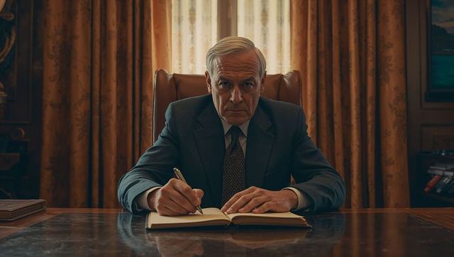 Senior business executive reviewing ledger in loofy office