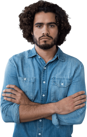 Transparent background: confident young curly-haired man in denim shirt