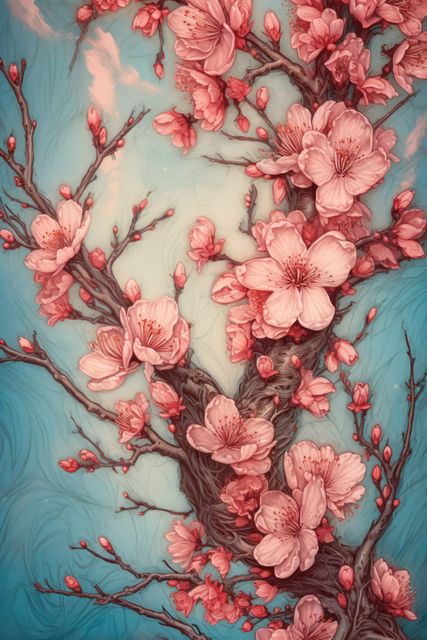 Pink blossom on blue background, created using generative ai technology. Flower, spring, nature, colour and drawing concept digitally generated image.