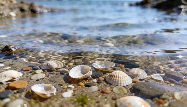 Shimmering seashells resting on wet sand with pebbles and gentle tidal ripples, sunlit shore