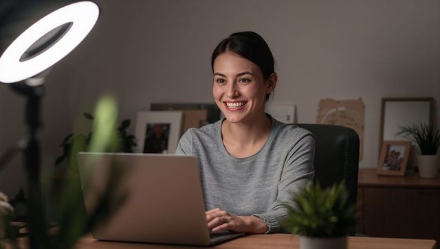 Smiling woman working on laptop in cozy home office with ring light and plants