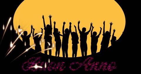 Silhouettes Celebrating New Year with Fireworks