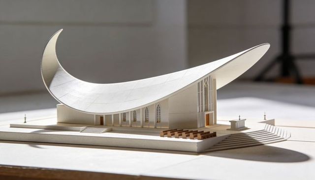 Crescent-Roof Chapel Architectural Model with Curved Cantilevered Roof and Gothic Windows
