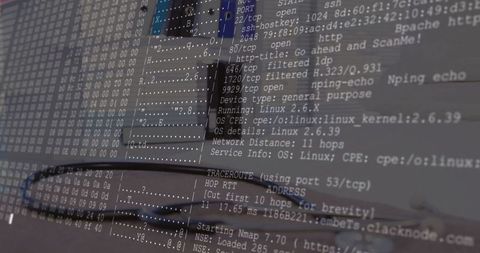 Cybersecurity concept with nmap port scan overlaid on laptop screen