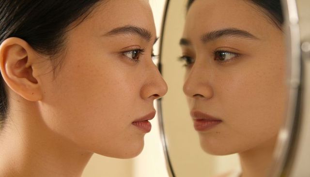 Young asian woman reflecting in mirror closeup skincare beauty intimate portrait
