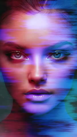 Vertical Cyberpunk Glitch Portrait Sweeping Neon Bands Across Woman's Face in Motion