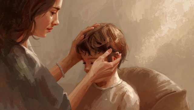 Mother cradling young boy's head, showing maternal tenderness and quiet intimate care
