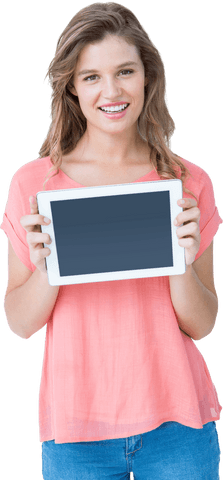 Smiling Woman Holding Digital Tablet Transparent Background - Download Free Stock Videos Pikwizard.com
