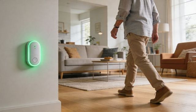 Senior walking past smart door sensor with green halo in modern living room