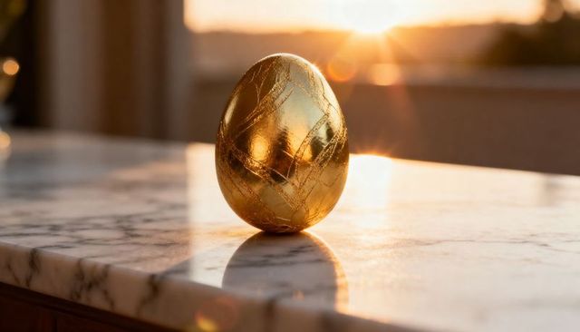 Glowing golden egg resting on marble countertop at sunset, reflecting warm light