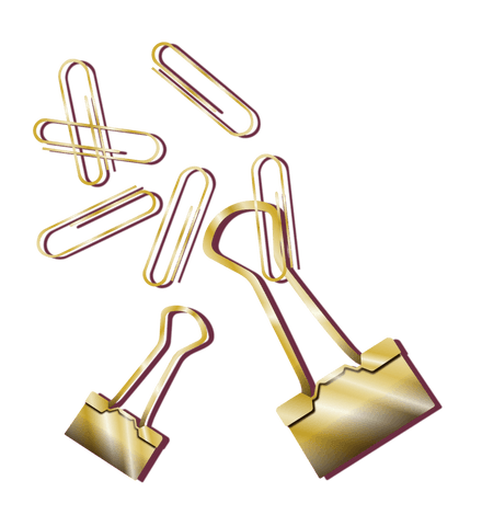 Luxurious gold binder clips and paperclips on transparent background