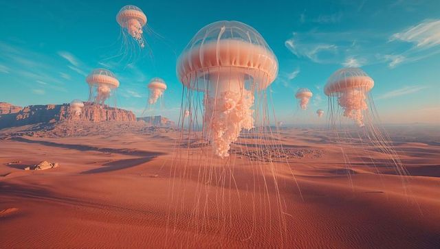 Floating Luminescent Jellyfish Over Desert Landscape at Golden Hour