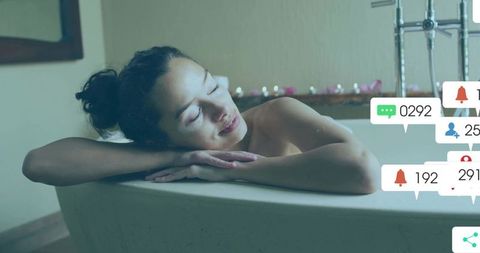 Woman Enjoying Bath with Social Media Notification Overlays