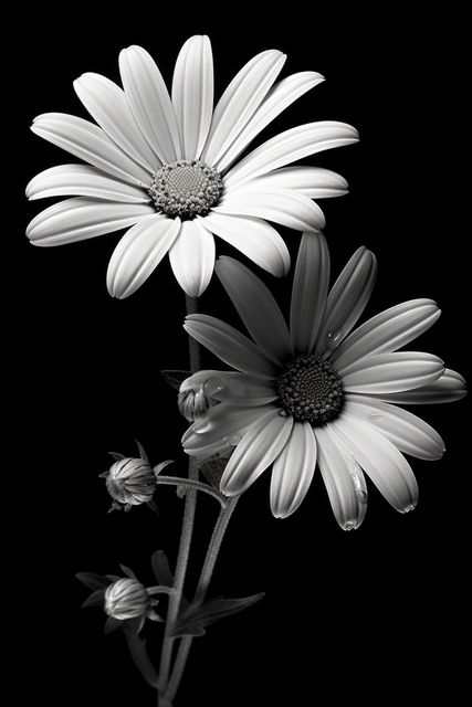 Close up of white daisy flowers on black background, created using generative ai technology. Daisy, flower, pattern, nature in black and white concept digitally generated image.