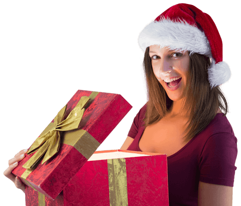 Excited woman in santa hat opening luminous gift box with transparent background