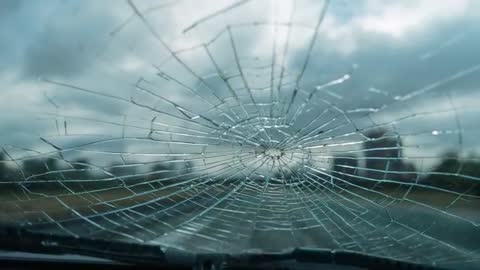 Cracked Windshield Spiderweb Impact While Driving on Wet Highway