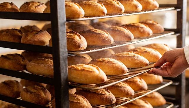 Artisanal Sourdough Loaves Cooling on Industrial Racks with Baker Hand Removing Loaf