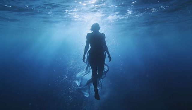 Ethereal woman silhouette rising through sunlit ocean water with flowing sheer fabric