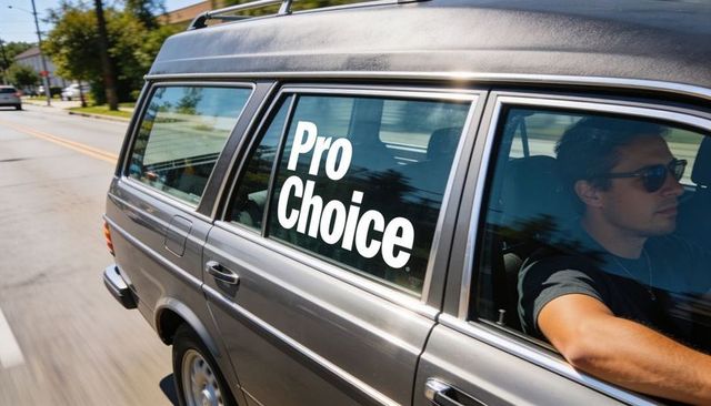 Pro choice decal on silver station wagon driving through suburban street with male driver