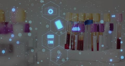 Digital Medical Icons Overlaying Blood Vials