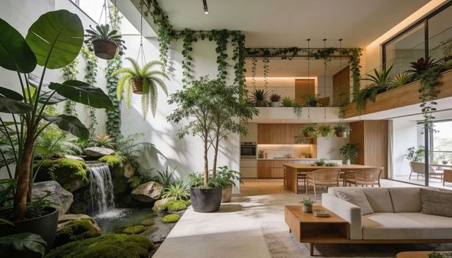 Biophilic open-plan living with cascading indoor waterfall, mossy pond, loft kitchen