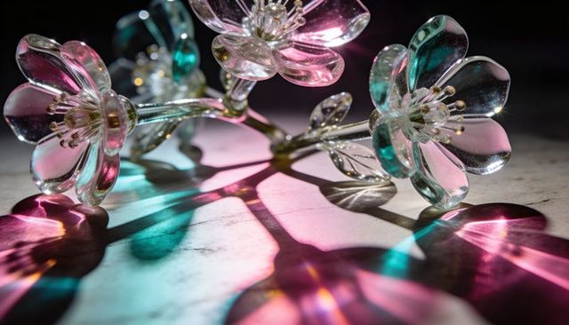 Iridescent glass cherry blossom branch casting pink teal light reflections on marble surface