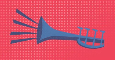 Geometric blue trumpet over dynamic red dotted background