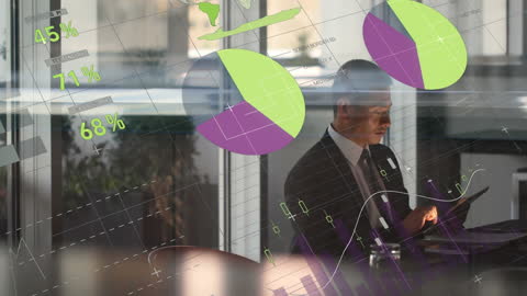 Businessman Analyzing Data with Infographic Interface Overlay