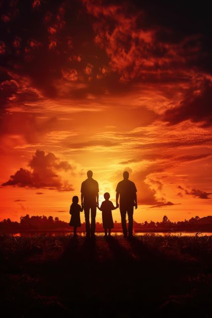 A silhouette of a family consisting of two parents and two children walking hand in hand towards a stunning sunset at the beach. Perfect depiction of togetherness and bonding in a serene, natural setting. This image is ideal for use in travel advertisements, family-oriented promotions, vacation brochures, and inspirational content focusing on family and outdoor activities.