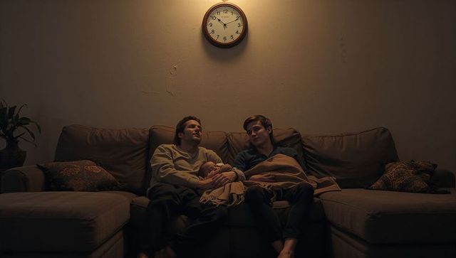 Late-night parenting moment two fathers cradling sleeping baby on cozy sectional sofa