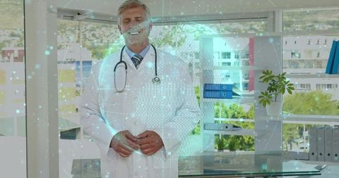 Doctor presenting futuristic globe hologram in modern office