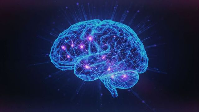 Futuristic Neon Wireframe Brain with Neural Connectivity