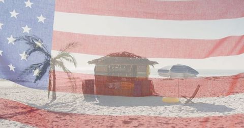 Patriotic American Flag Overlay on Beach Bar Setting