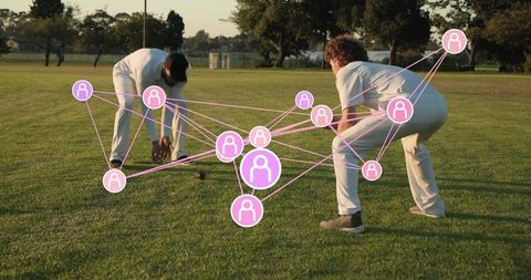 Lawn bowls players aiming jack with pink network overlay showing teamwork and strategy