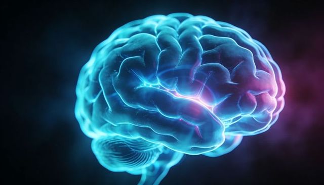 Glowing translucent brain pulsing neon neural pathways revealing cortex and cerebellum