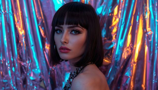 Glamorous woman posing with neon foil backdrop