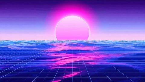 Neon sun rising over retro grid ocean reflecting pink-purple glow in synthwave horizon