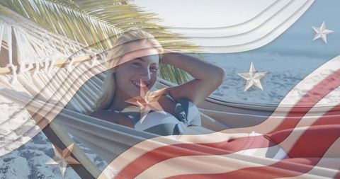 Woman Relaxing on Beach Hammock with American Patriotic Overlay