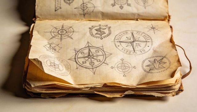 Displaying vintage sketchbook filled with compass rose sketches on aged torn pages