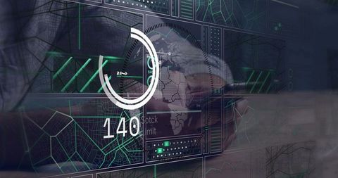 Transparent glass analytics dashboard displaying geospatial maps and neon gauge 140