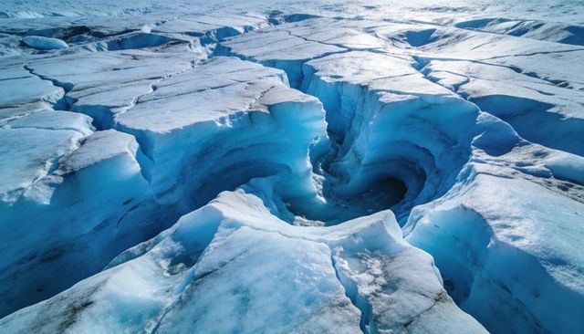 Revealing spiral moulin carving deep blue ice on fractured glacial plateau
