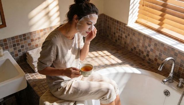 Sunlit bathroom self-care: woman wearing sheet mask sipping tea by bathtub