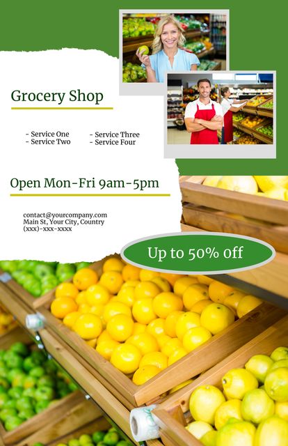 Grocery Shop Promotional Flyer with Fresh Produce and Happy Staff - Download Free Stock Templates Pikwizard.com