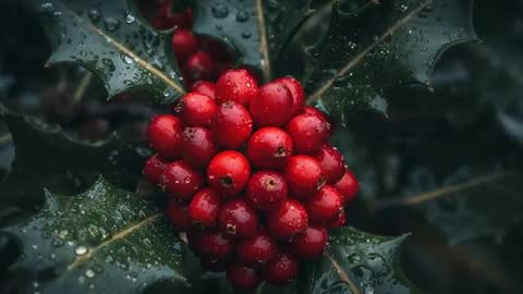 Macro closeup capturing glossy holly berry cluster glistening with raindrops