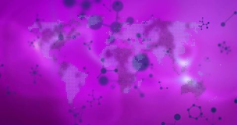 Magenta dot-matrix world map connecting molecular network for futuristic biotech