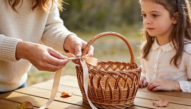 Mother tying satin ribbon on wicker basket while child watches in autumn park