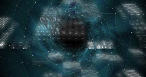 Central vortex pulling wireframe mesh and floating data panels in futuristic cyberspace