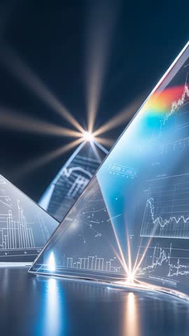 Vertical video: Point light refracting through etched glass prisms, casting spectral data visuals