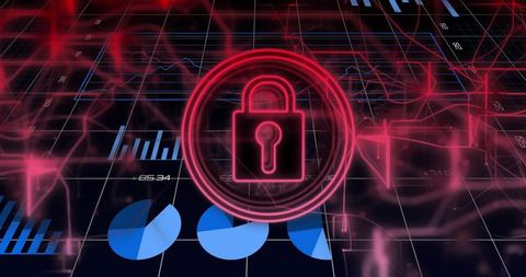 Neon cybersecurity lock securing data analytics hud with holographic charts and rings