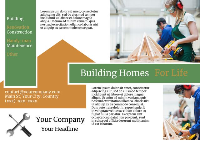 This template promotes construction and handyman services, showcasing a woman wearing a hard hat while working on a detailed project. It effectively highlights the company's expertise in building, renovation, and maintenance services. Ideal for creating promotional materials for construction businesses, trade shows, or home improvement expos. Use this template to leverage a professional and trustworthy image for your construction services company.